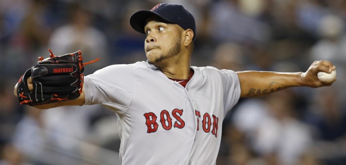 Boston Red Sox starting pitcher Eduardo Rodriguez delivers in the fourth inning of a baseball game against the New York Yankees at Yankee Stadium in New York, Monday, Sept. 28, 2015. (AP Photo/Kathy Willens)